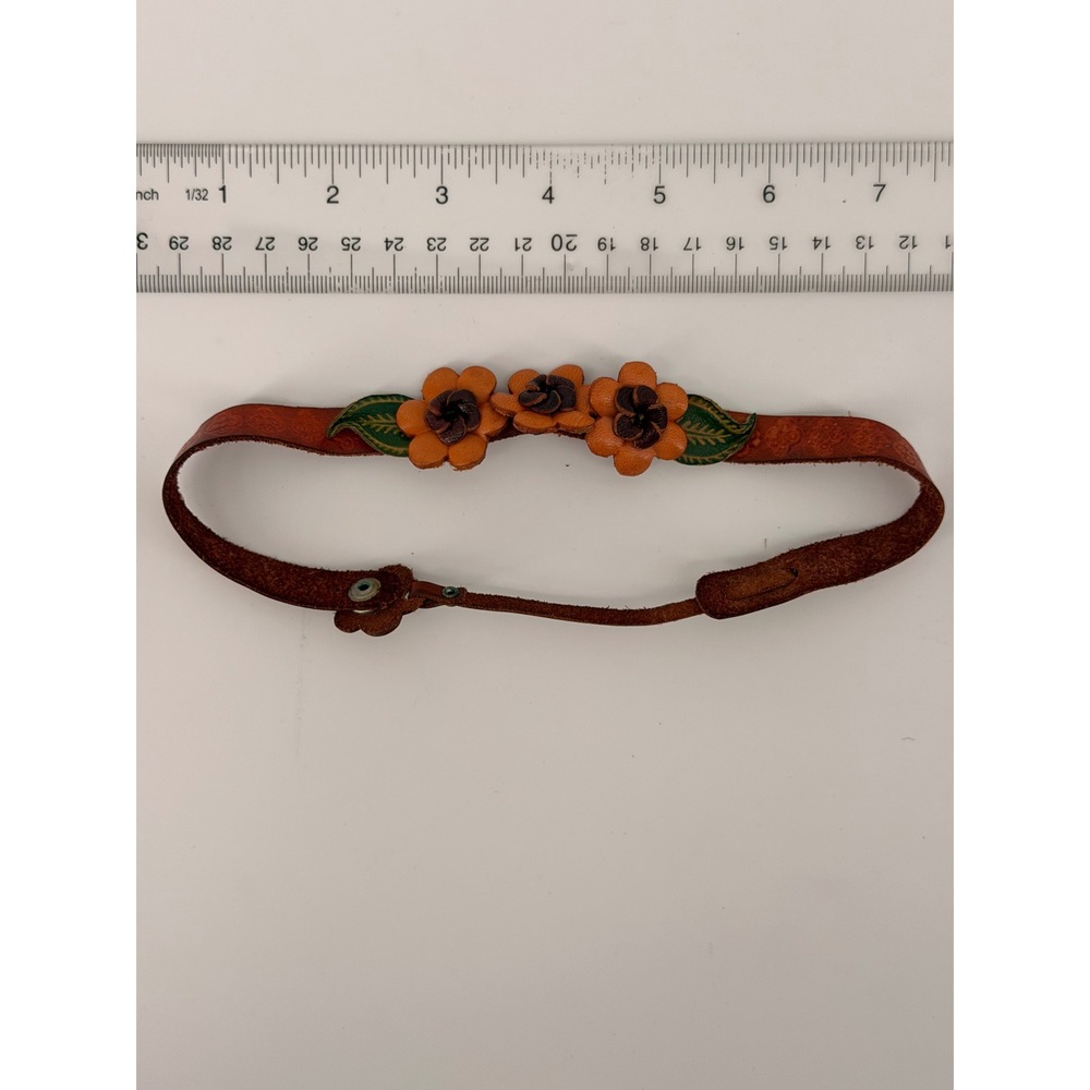 Vintage handmade Leather Flower Choker Orange Brown Floral 3D Boho Necklace 14in
